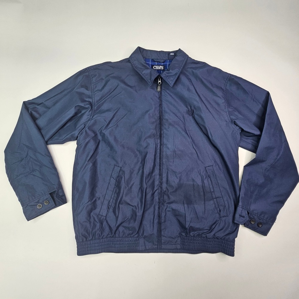 Chaps Harrington Jacket Mens Large Navy Blue Plaid Lined Full Zip Windbreaker